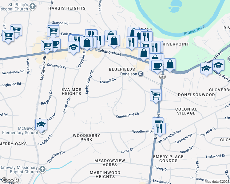map of restaurants, bars, coffee shops, grocery stores, and more near 214 Cumberland Circle in Nashville