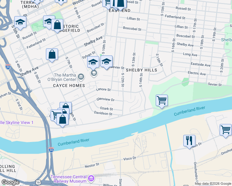 map of restaurants, bars, coffee shops, grocery stores, and more near 1106 Lenore Street in Nashville