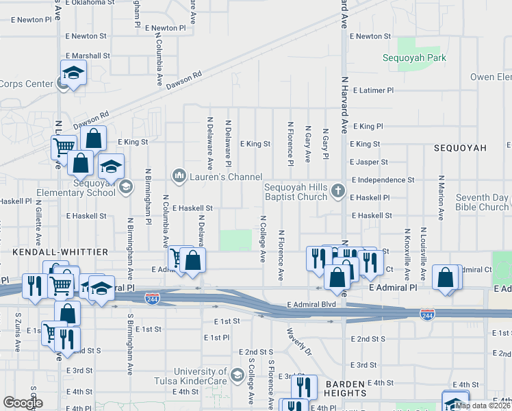 map of restaurants, bars, coffee shops, grocery stores, and more near 168 N College Ave in Tulsa