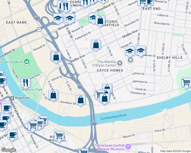 map of restaurants, bars, coffee shops, grocery stores, and more near 510 Summer Place in Nashville