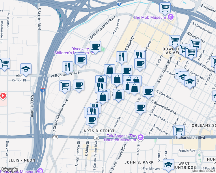map of restaurants, bars, coffee shops, grocery stores, and more near 305 South Main Street in Las Vegas