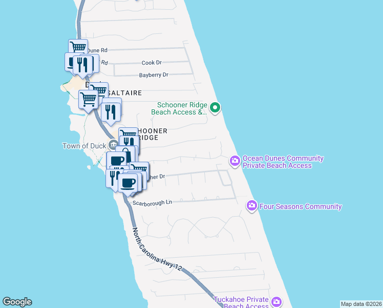 map of restaurants, bars, coffee shops, grocery stores, and more near 136 Rakiock Court in Duck
