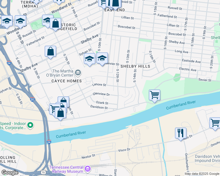 map of restaurants, bars, coffee shops, grocery stores, and more near 1106 Lenore Street in Nashville