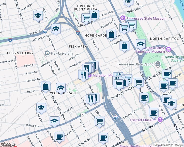 map of restaurants, bars, coffee shops, grocery stores, and more near 1320 Clinton Street in Nashville