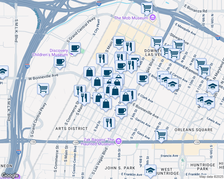 map of restaurants, bars, coffee shops, grocery stores, and more near 559s South Casino Center Boulevard in Las Vegas