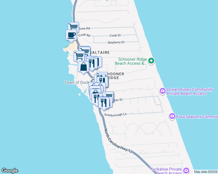 map of restaurants, bars, coffee shops, grocery stores, and more near 101 Duck Landing Lane in Duck