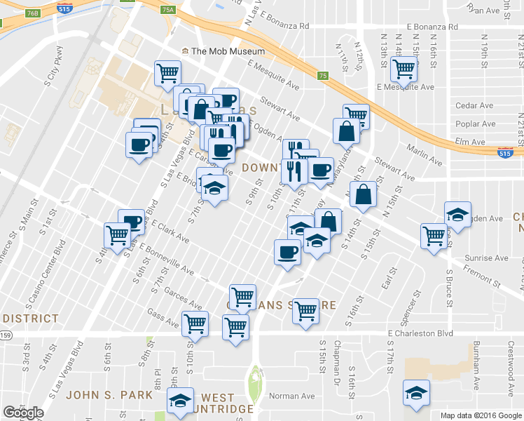 map of restaurants, bars, coffee shops, grocery stores, and more near 222 South 10th Street in Las Vegas