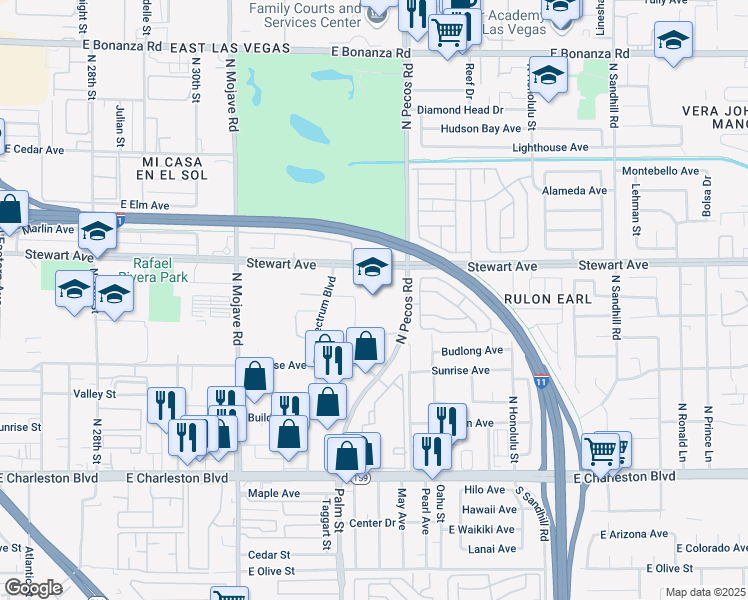 map of restaurants, bars, coffee shops, grocery stores, and more near 245 North Pecos Road in Las Vegas