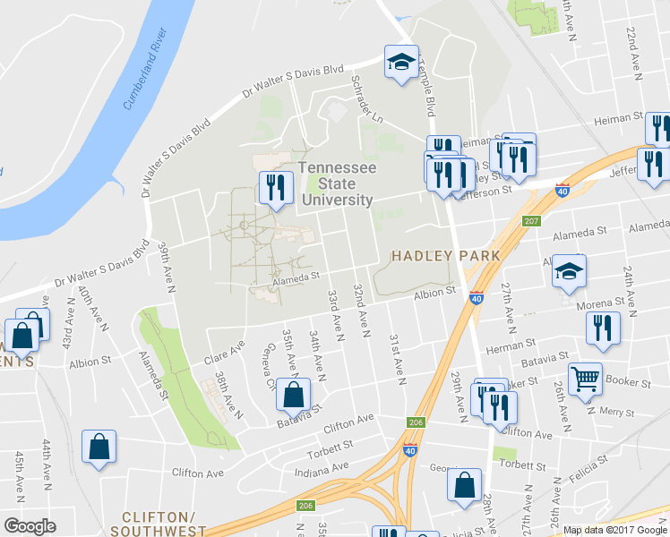 map of restaurants, bars, coffee shops, grocery stores, and more near 1100 33rd Ave N in Nashville