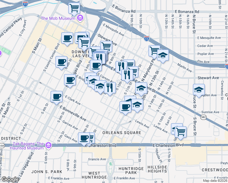 map of restaurants, bars, coffee shops, grocery stores, and more near 222 South 10th Street in Las Vegas