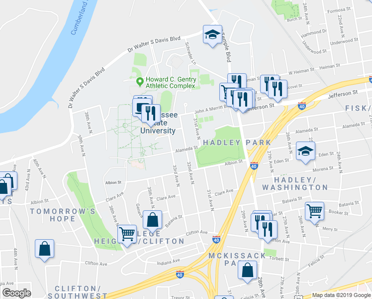 map of restaurants, bars, coffee shops, grocery stores, and more near 3107 Alameda Street in Nashville