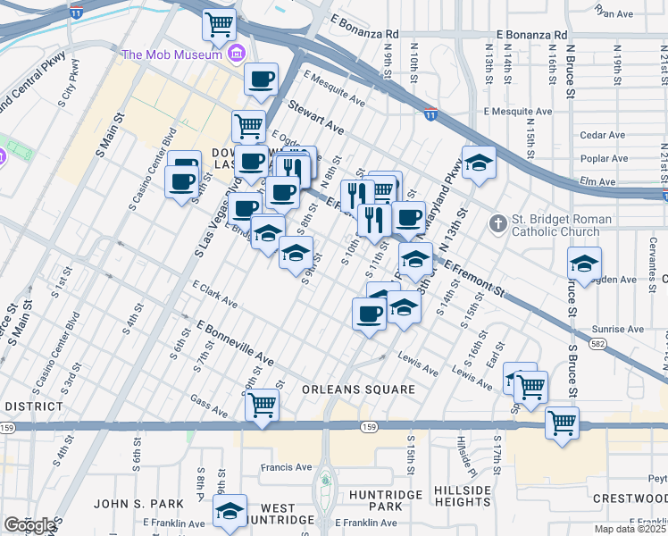 map of restaurants, bars, coffee shops, grocery stores, and more near 222 South 10th Street in Las Vegas