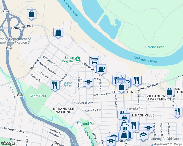 map of restaurants, bars, coffee shops, grocery stores, and more near 5501A New York Avenue in Nashville