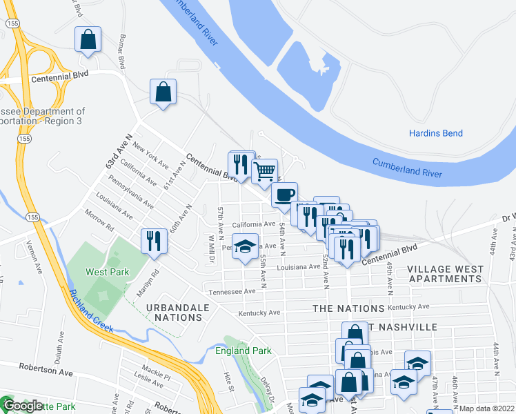 map of restaurants, bars, coffee shops, grocery stores, and more near 5501A New York Avenue in Nashville