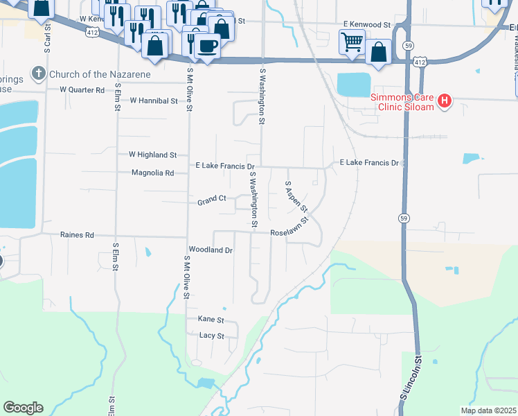 map of restaurants, bars, coffee shops, grocery stores, and more near 2405 South Washington Street in Siloam Springs