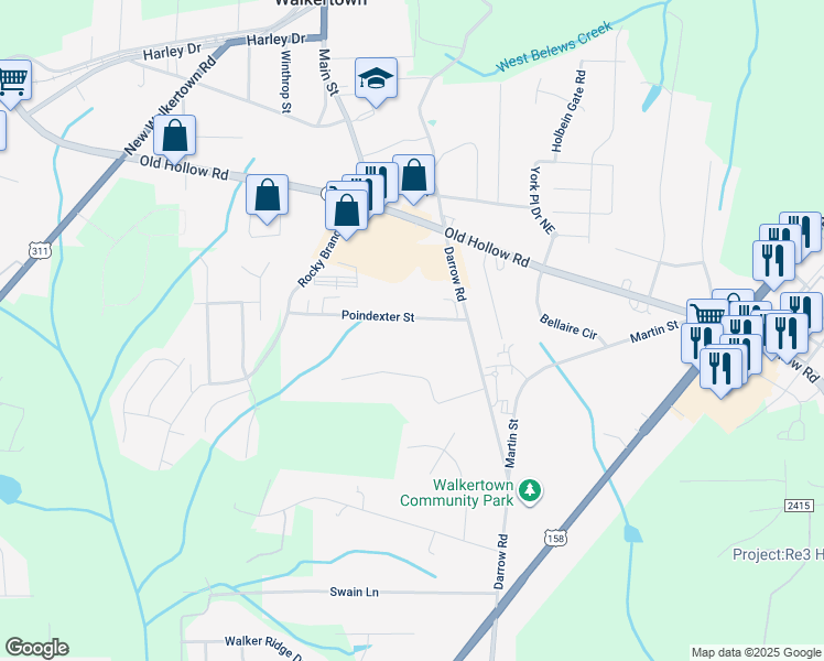 map of restaurants, bars, coffee shops, grocery stores, and more near 4530 Poindexter Rd in Walkertown