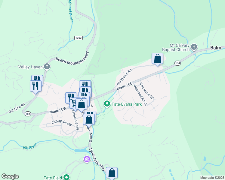 map of restaurants, bars, coffee shops, grocery stores, and more near 100 Old Turnpike Road in Banner Elk