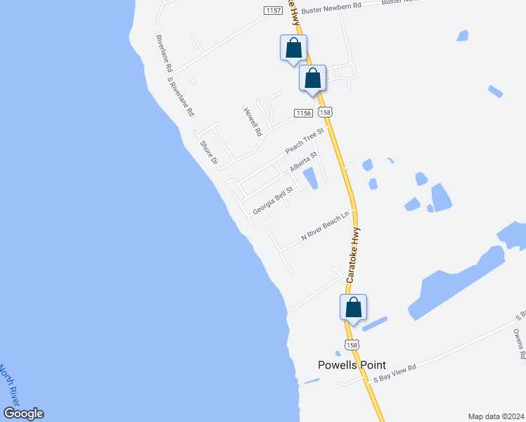 map of restaurants, bars, coffee shops, grocery stores, and more near 123 Georgia Bell Street in Jarvisburg