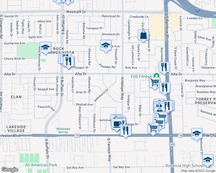 map of restaurants, bars, coffee shops, grocery stores, and more near 611 Palmhurst Drive in Las Vegas