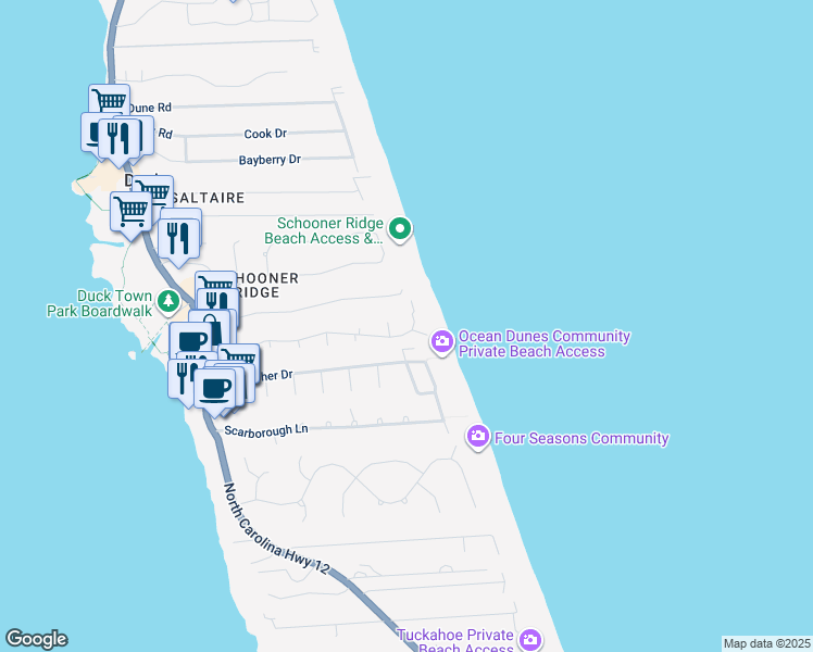 map of restaurants, bars, coffee shops, grocery stores, and more near 158 Mantoac Court in Kitty Hawk