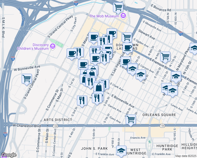map of restaurants, bars, coffee shops, grocery stores, and more near 515 South 3rd Street in Las Vegas