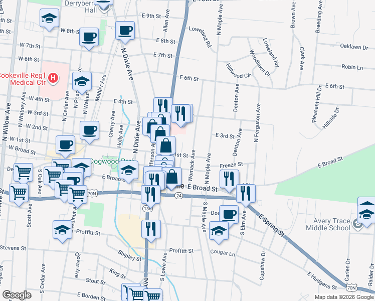 map of restaurants, bars, coffee shops, grocery stores, and more near 105 Davis Ave in Cookeville