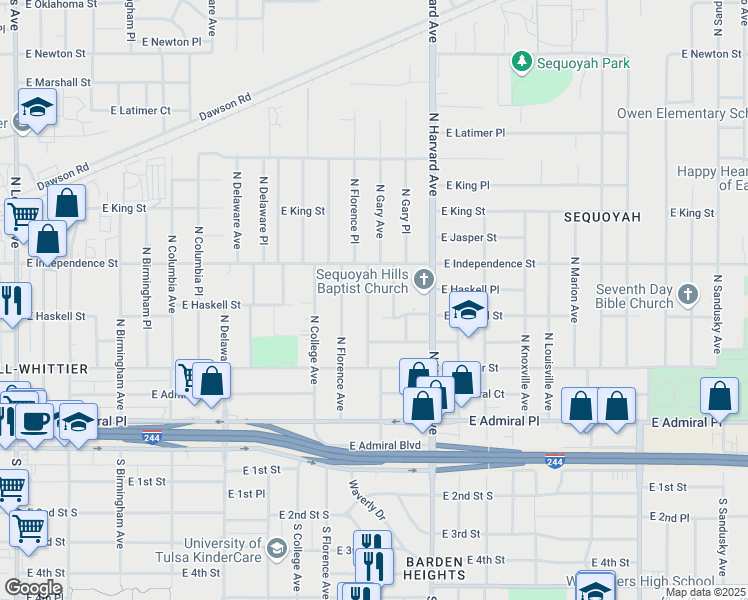 map of restaurants, bars, coffee shops, grocery stores, and more near 717 North Florence Place in Tulsa