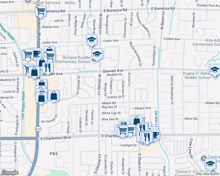 map of restaurants, bars, coffee shops, grocery stores, and more near 303 Clarges Lane in Las Vegas
