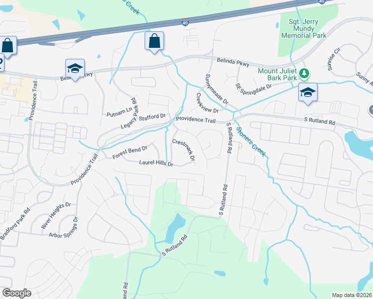 map of restaurants, bars, coffee shops, grocery stores, and more near 711 Crestmark Drive in Mt. Juliet