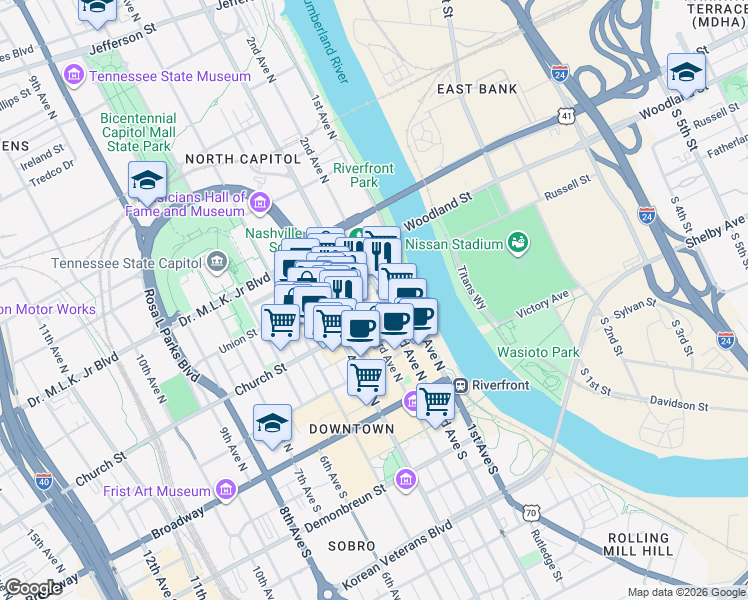 map of restaurants, bars, coffee shops, grocery stores, and more near in Nashville