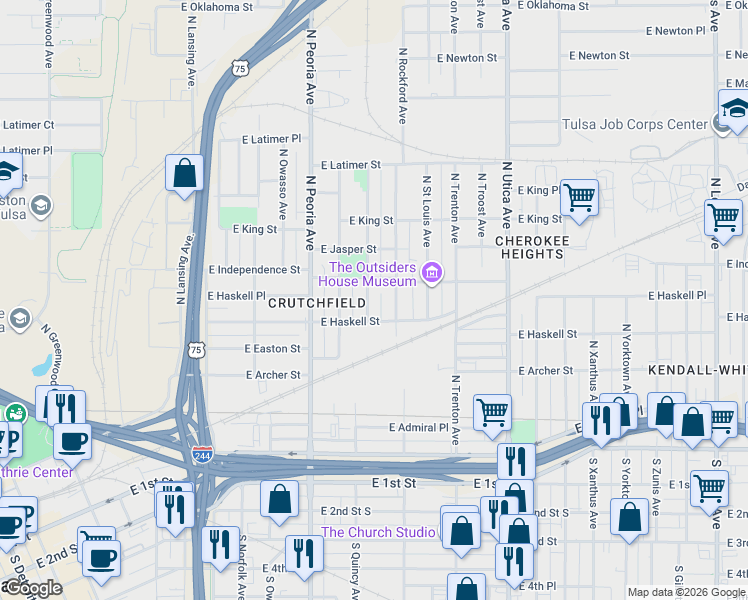 map of restaurants, bars, coffee shops, grocery stores, and more near 719 North Quincy Avenue in Tulsa