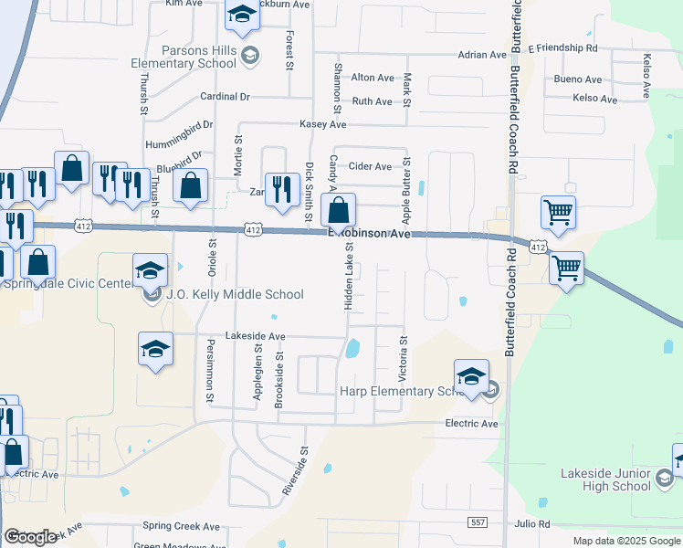 map of restaurants, bars, coffee shops, grocery stores, and more near 2184 Hidden Lake Street in Springdale