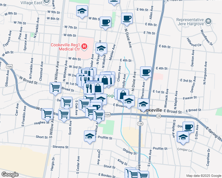 map of restaurants, bars, coffee shops, grocery stores, and more near 39 East 1st Street in Cookeville