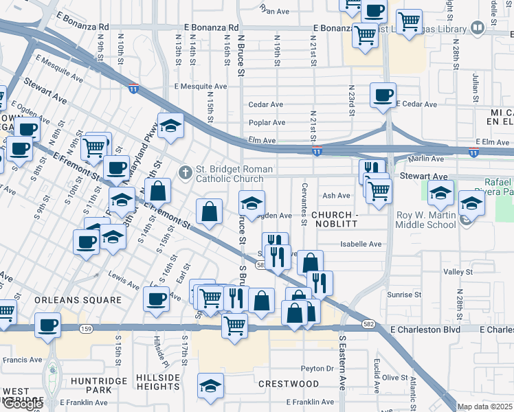 map of restaurants, bars, coffee shops, grocery stores, and more near 208 North 18th Street in Las Vegas
