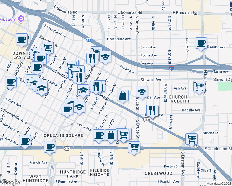 map of restaurants, bars, coffee shops, grocery stores, and more near 110 North 15th Street in Las Vegas