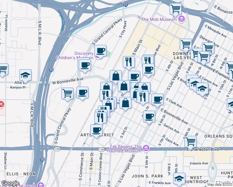map of restaurants, bars, coffee shops, grocery stores, and more near 305 South Main Street in Las Vegas