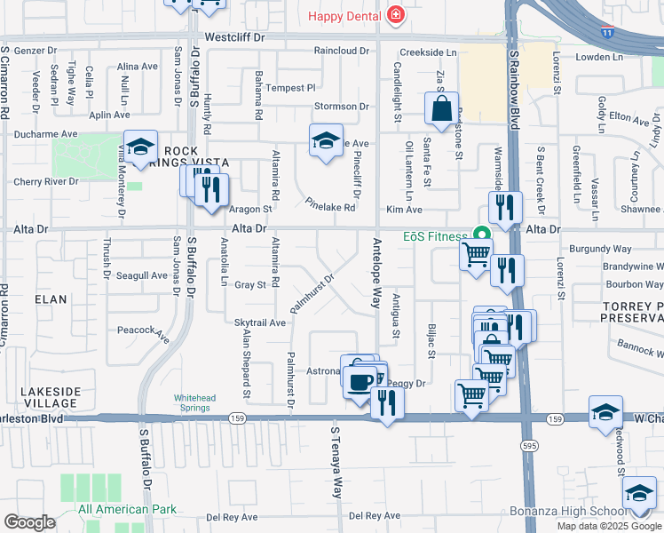map of restaurants, bars, coffee shops, grocery stores, and more near 611 Palmhurst Drive in Las Vegas