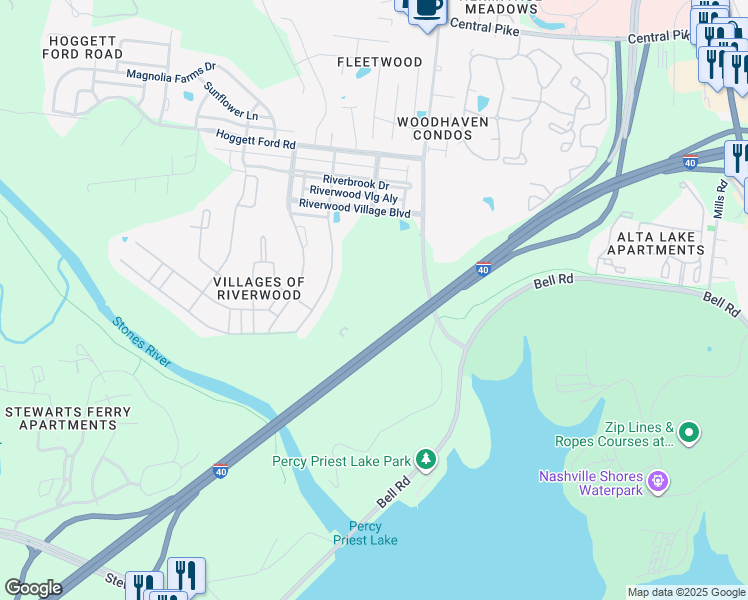 map of restaurants, bars, coffee shops, grocery stores, and more near Interstate 40 in Nashville