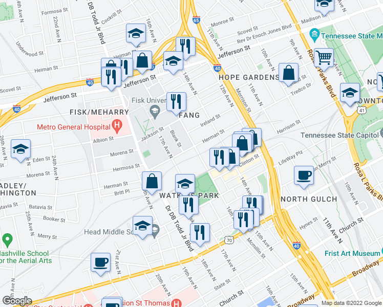 map of restaurants, bars, coffee shops, grocery stores, and more near in Nashville