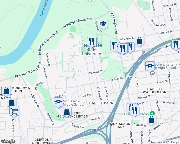 map of restaurants, bars, coffee shops, grocery stores, and more near 1100 33rd Avenue North in Nashville