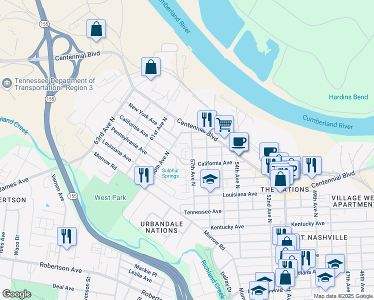 map of restaurants, bars, coffee shops, grocery stores, and more near 1601 57th Avenue North in Nashville