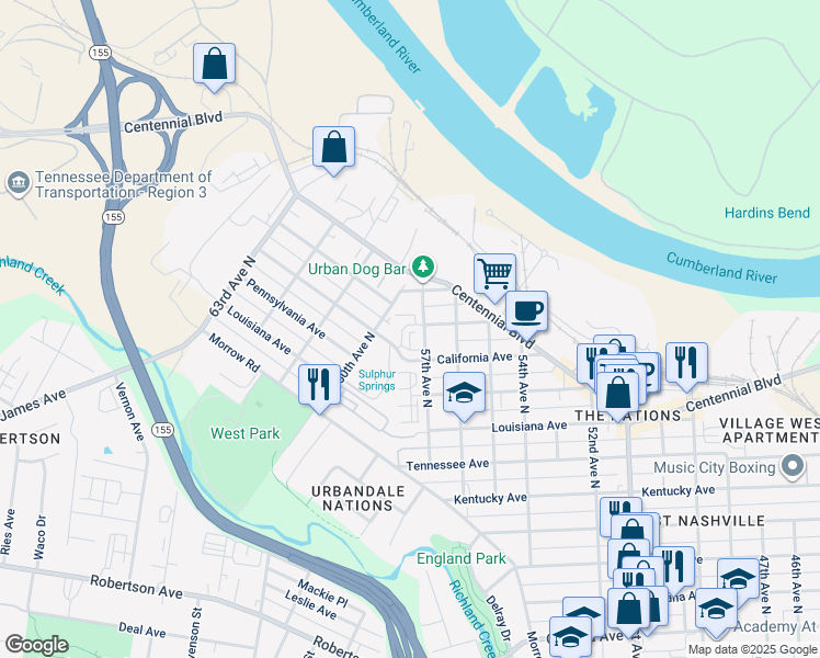 map of restaurants, bars, coffee shops, grocery stores, and more near 1601 57th Avenue North in Nashville