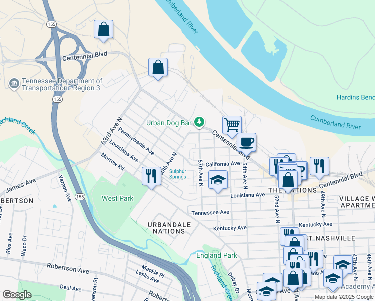 map of restaurants, bars, coffee shops, grocery stores, and more near 1601 57th Avenue North in Nashville