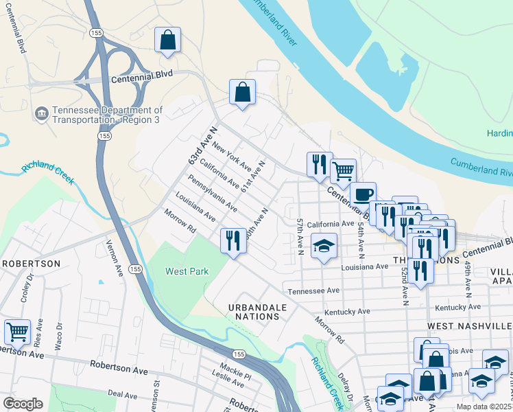 map of restaurants, bars, coffee shops, grocery stores, and more near 1501 60th Avenue North in Nashville