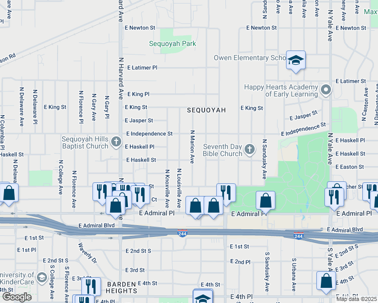 map of restaurants, bars, coffee shops, grocery stores, and more near 721 North Marion Avenue in Tulsa