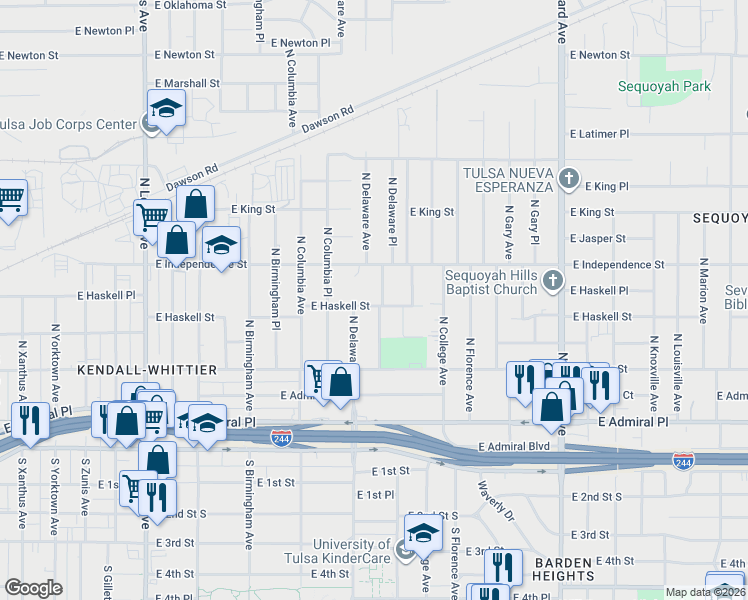 map of restaurants, bars, coffee shops, grocery stores, and more near 2819 East Haskell Street in Tulsa