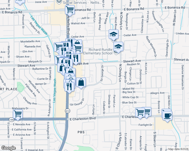 map of restaurants, bars, coffee shops, grocery stores, and more near 293 Sir William Way in Las Vegas