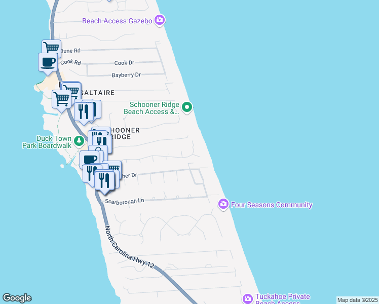 map of restaurants, bars, coffee shops, grocery stores, and more near 158 Mantoac Court in Kitty Hawk