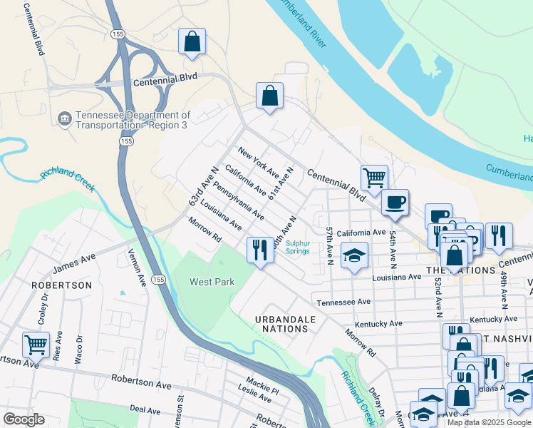 map of restaurants, bars, coffee shops, grocery stores, and more near 6016 Pennsylvania Avenue in Nashville