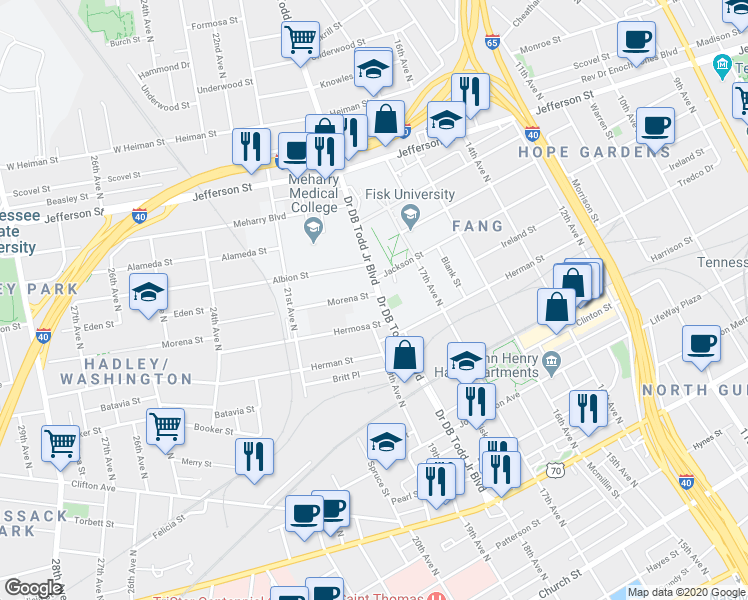 map of restaurants, bars, coffee shops, grocery stores, and more near 919 Doctor DB Todd Junior Boulevard in Nashville